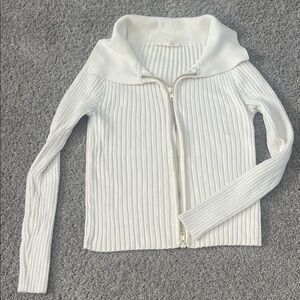 Mable White Ribbed Cowl Neck Zip Up